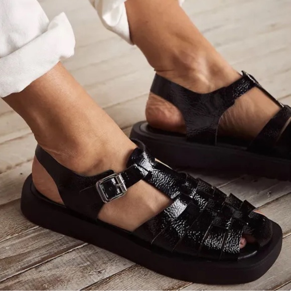 Free People Finn Fisherman Platform Italian Leather Sandals in Black Size 38 - Picture 2 of 11